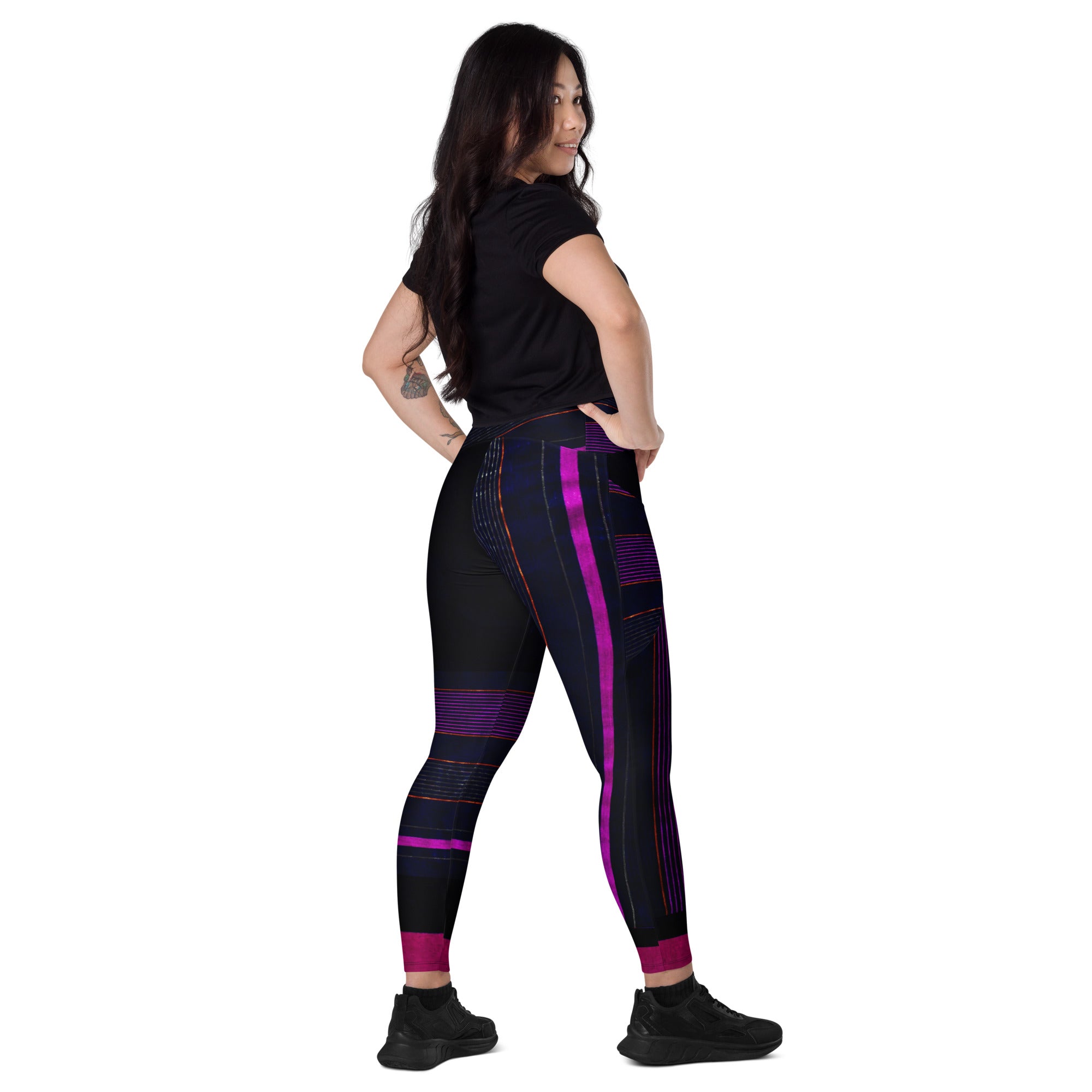 Black Gym Leggings with Pockets. Purple Pin Stripes Dance Leggings. Crossover Waist Yoga Pants. "Peppermint" by WickedYo.